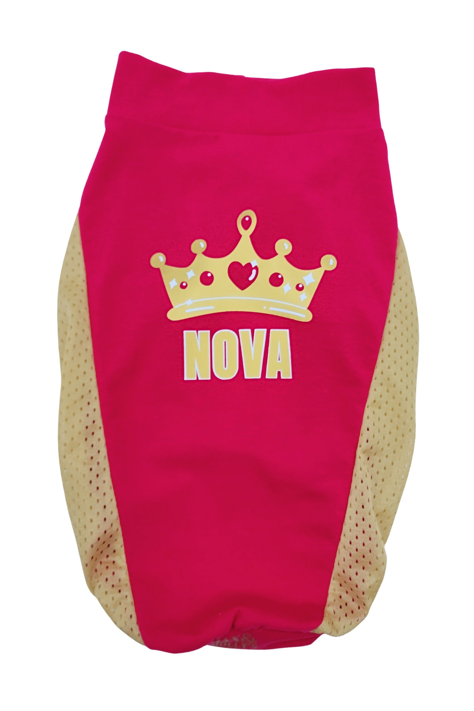 Custom Queen Dog Shirt side view – personalized jersey-style pink dog outfit with gold mesh panels