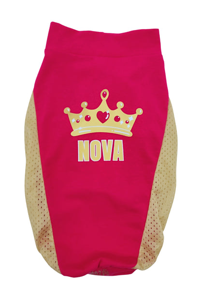 Custom Queen Dog Shirt side view – personalized jersey-style pink dog outfit with gold mesh panels