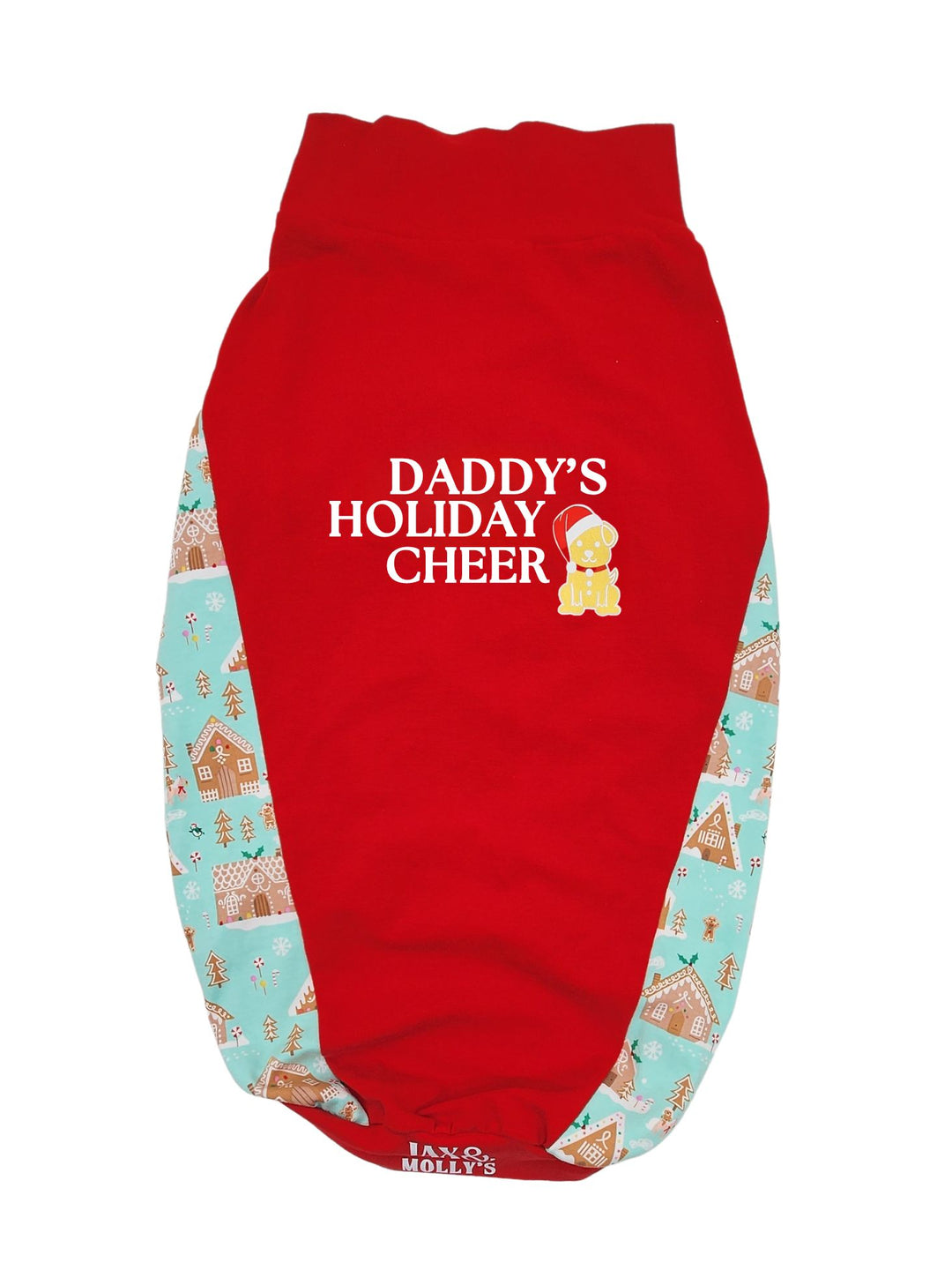 A rear view of Jax & Molly's 'Daddy's Holiday Cheer' Dog Tank showcases a vibrant red fabric adorned with a white vinyl graphic that reads Momma's Holiday Cheer, accompanied by a gold gingerbread cookie design. The sides are a charming mint color, decorated with cute gingerbread houses.