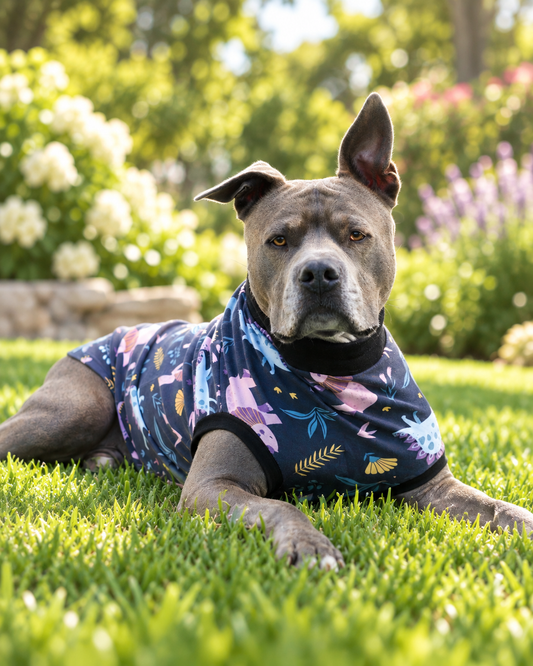 Gray dog wearing Dinos on Dark Blue dog pajamas while relaxing on green grass outdoors.