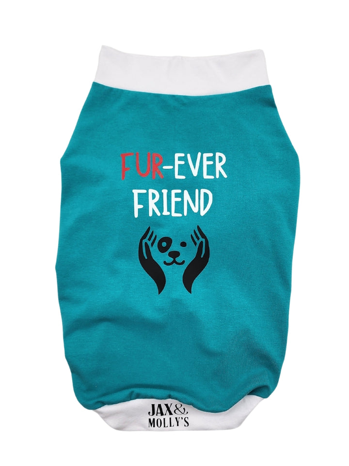 Jade muscle tank for dogs, accented with white trim, featuring a vinyl print that reads Fur-Ever Friend along with an image of a dog outlined by human hands.