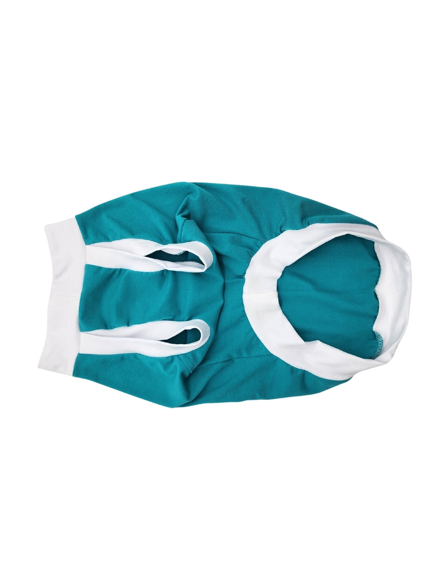 Underbelly view of a Jade muscle tank for dogs, accented with white trim, featuring a vinyl print that reads Fur-Ever Friend along with an image of a dog outlined by human hands.