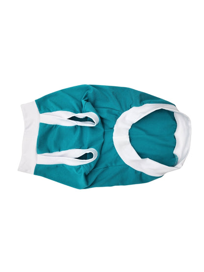 Underbelly view of a Jade muscle tank for dogs, accented with white trim, featuring a vinyl print that reads Fur-Ever Friend along with an image of a dog outlined by human hands.