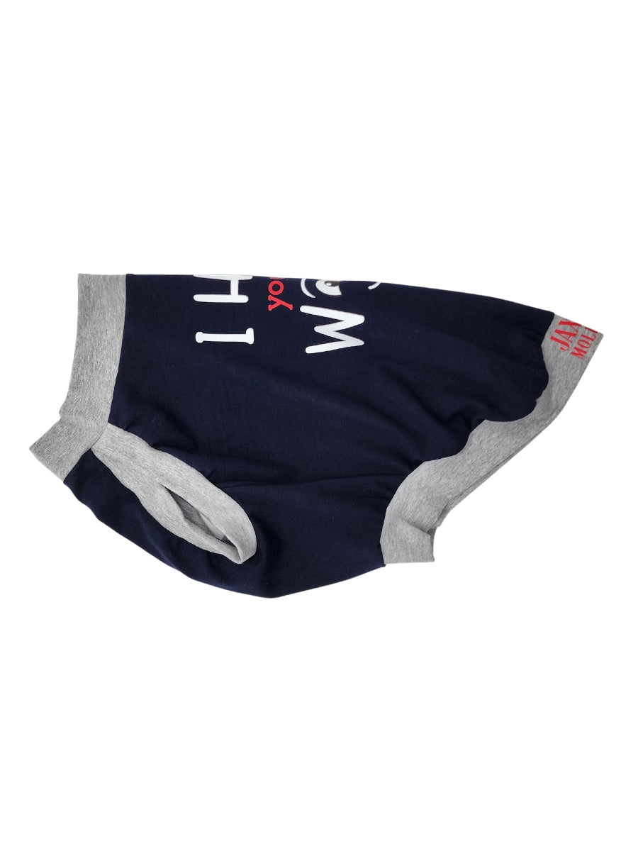Side view of a Navy Blue muscle tank for dogs with I Had You at Woof vinyl print and gray trim.
