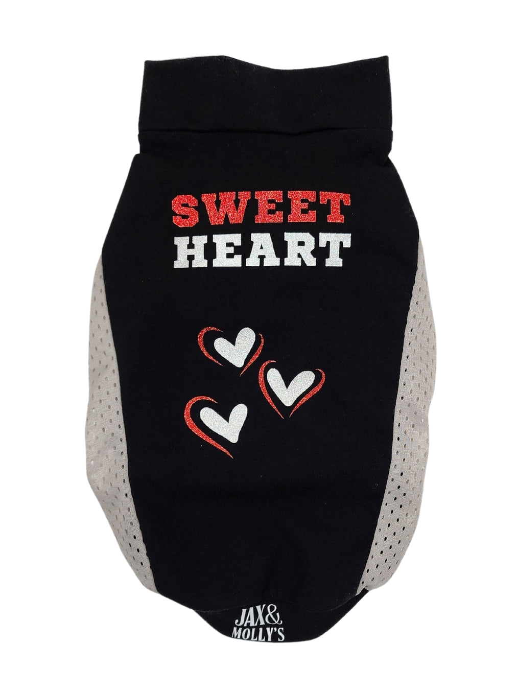 Gorgeous backside display of Dog Sport's Jersey made from a black cotton spandex and gray mesh sides, adorned with a Sweet Heart Vinyl Graphic. 