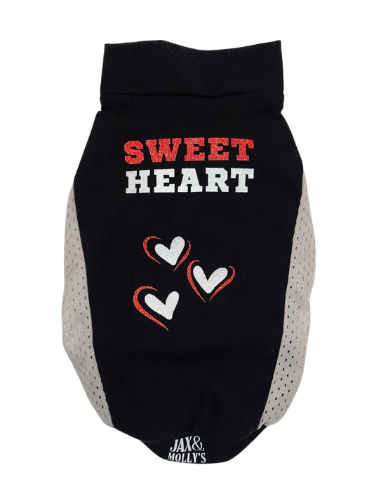 Gorgeous backside display of Dog Sport's Jersey made from a black cotton spandex and gray mesh sides, adorned with a Sweet Heart Vinyl Graphic. 