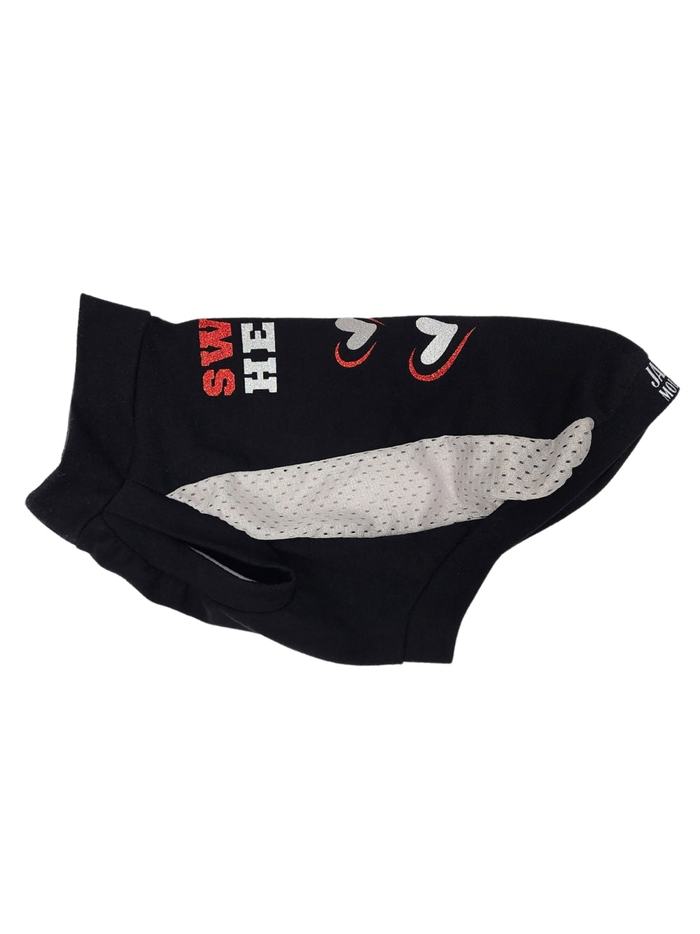 Side display of Dog Sport's Jersey made from a black cotton spandex and gray mesh sides, adorned with a Sweet Heart Vinyl Graphic. 
