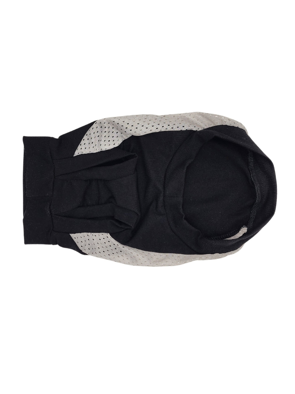 Underbelly view of a black muscle tank for dogs with gray mesh sides to emulate a sports jersey.