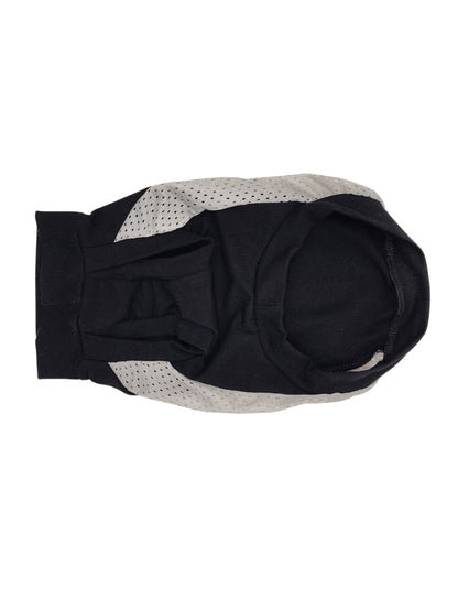 Underbelly view of a black muscle tank for dogs with gray mesh sides to emulate a sports jersey.