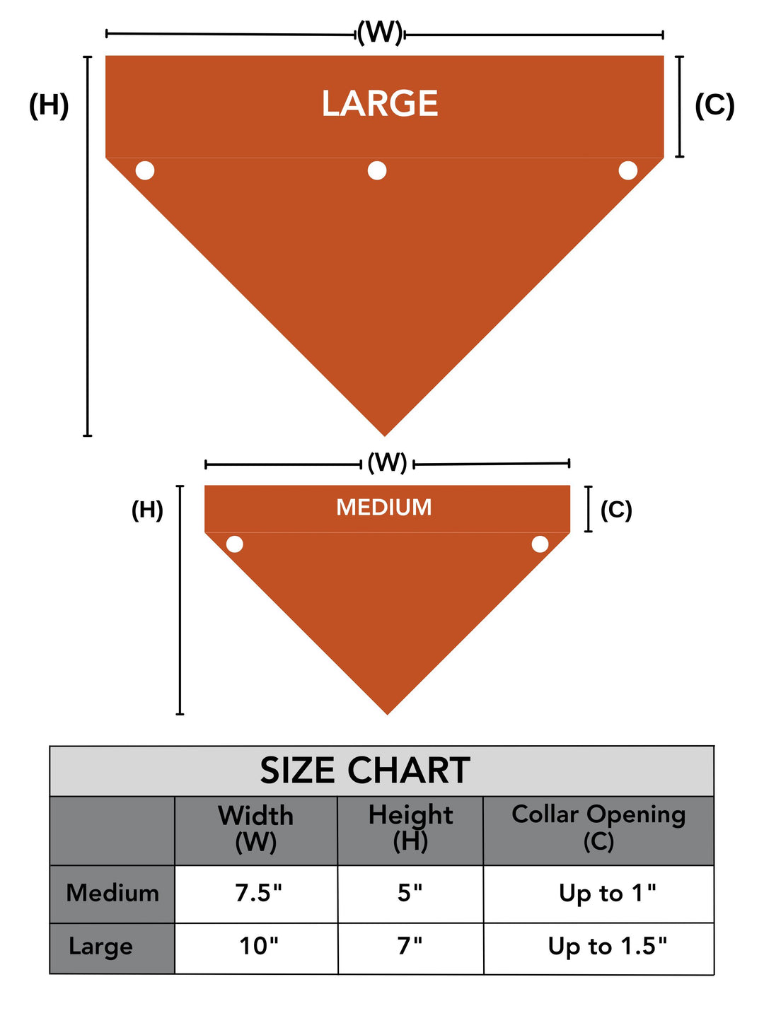 Size chart for Jax & Molly's dog bandanas