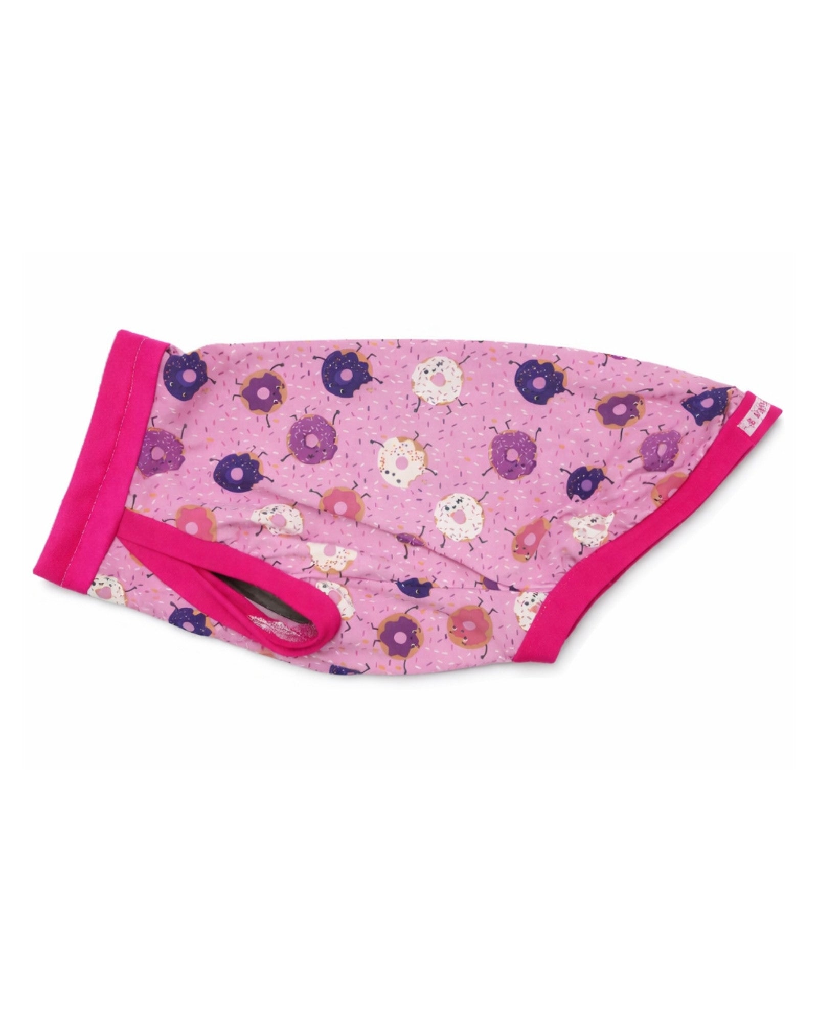 Donut You Love Me dog pajamas with donut pattern and fuchsia cotton spandex trim
