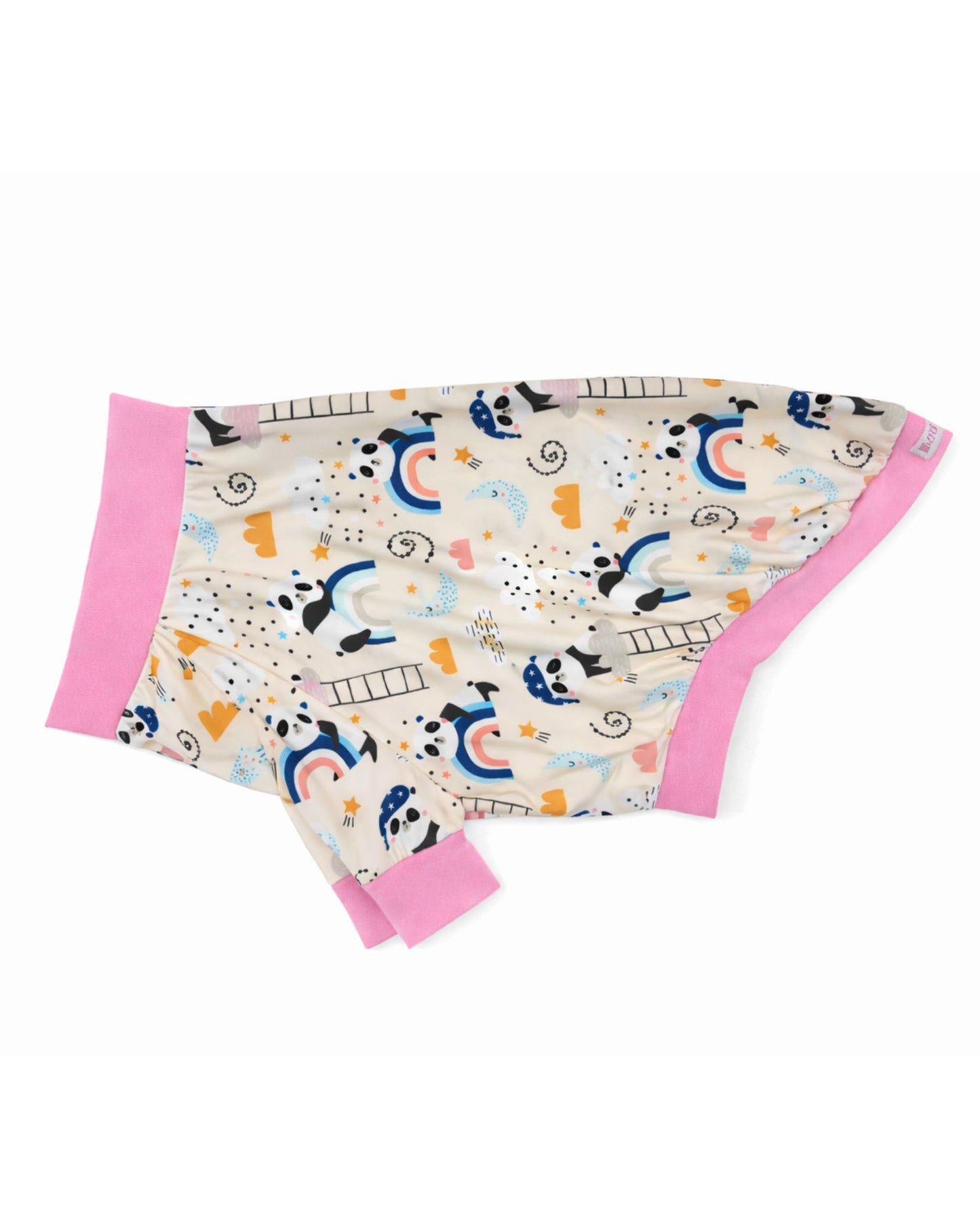 Side view of the 'Dreamy Panda' dog pajamas featuring a sleepy pandas and rainbow print featuring pink trim