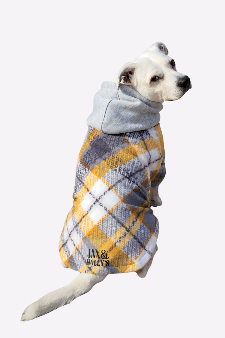 Adorable white pup modeling the backside of Jax & Molly's Dusty Gold Fleece Dog Hoodie with a striking plaid fleece showcasing a beautiful combination of yellow, gray, white and complimented by a solid gray hood.