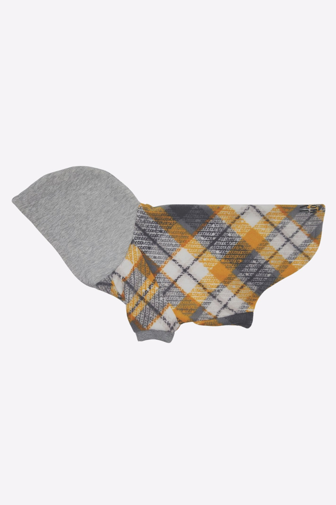 Side profile of Jax & Molly's Dusty Gold Fleece Dog Hoodie with a striking plaid fleece showcasing a beautiful combination of yellow, gray, white and complimented by a solid gray hood.