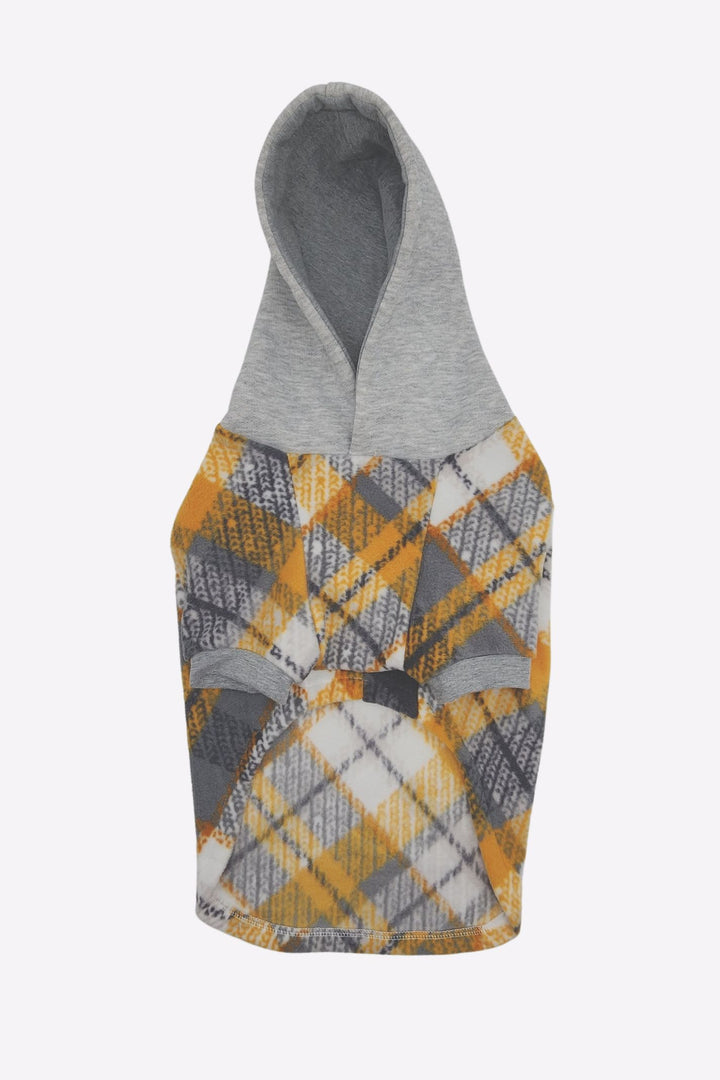 Underbelly view of Jax & Molly's Dusty Gold Fleece Dog Hoodie with a striking plaid fleece showcasing a beautiful combination of yellow, gray, white and complimented by a solid gray hood.