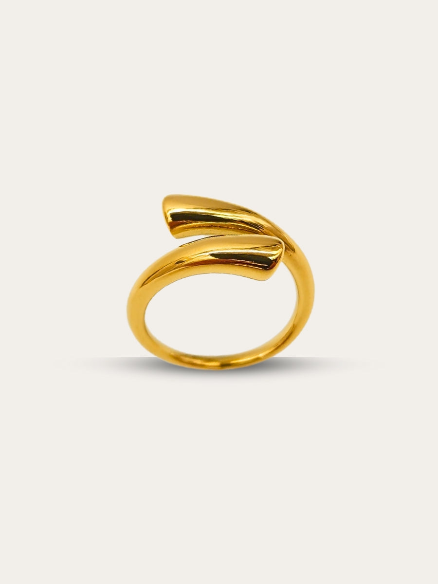 Highly polished, adjustable gold cuff ring on display from the front.