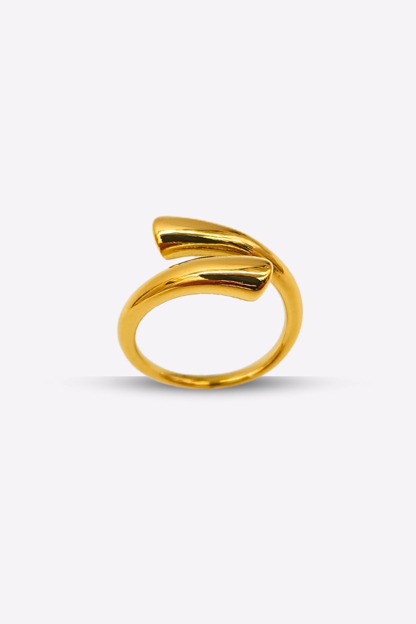 Highly polished, adjustable gold cuff ring on display from the front.