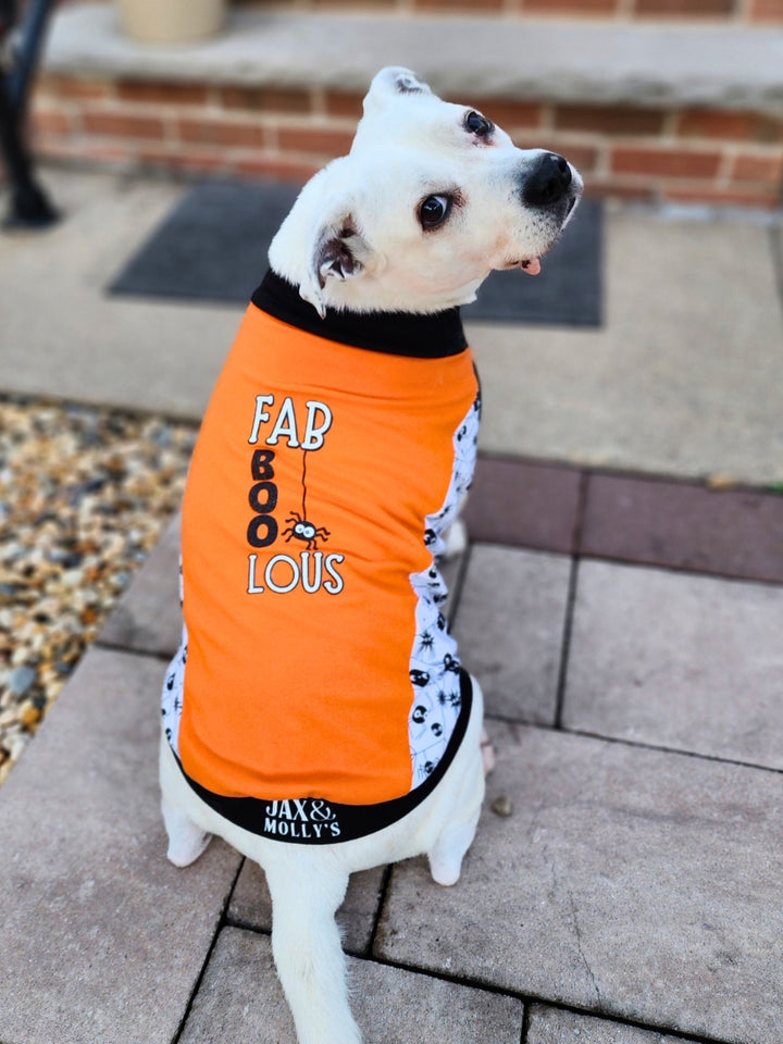 Cute white dog looking back at the camera, modeling an orange Halloween dog muscle tank featuring a vinyl graphic that says Fab Boo Lous and a glow-in-the-dark spider print underbelly.