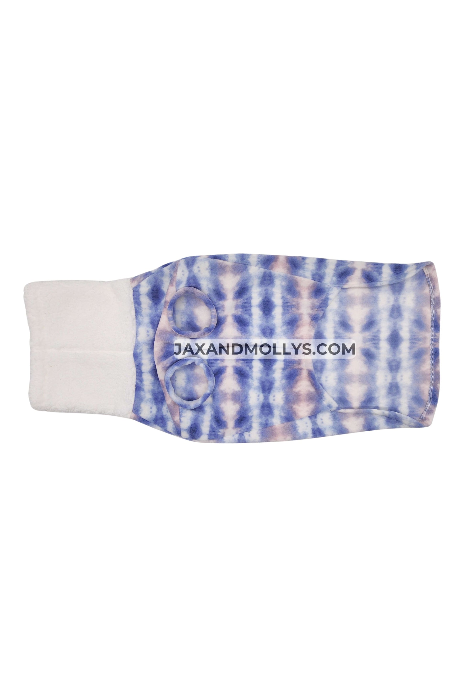 Underside of tie-dye dog sweater showing pullover design and belly coverage
