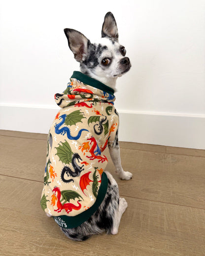 Handcrafted cotton-spandex dog tank with hood – Fire Dragon design