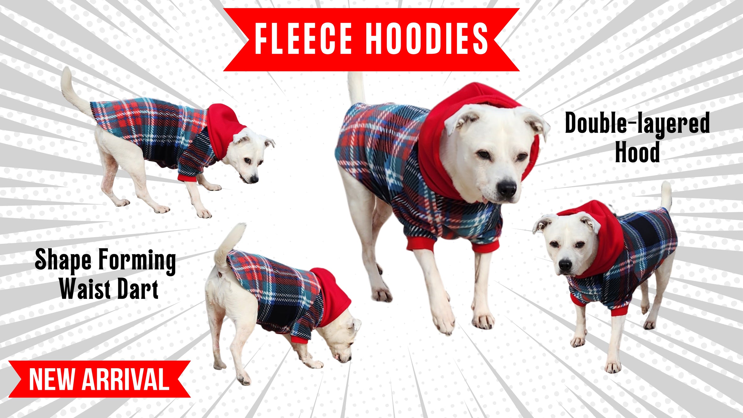 Jax & Molly's Fleece Hoodies Collection Banner displaying a few angles of a cute dog wearing the Midnight tartan hoodie with gorgeous red hood.