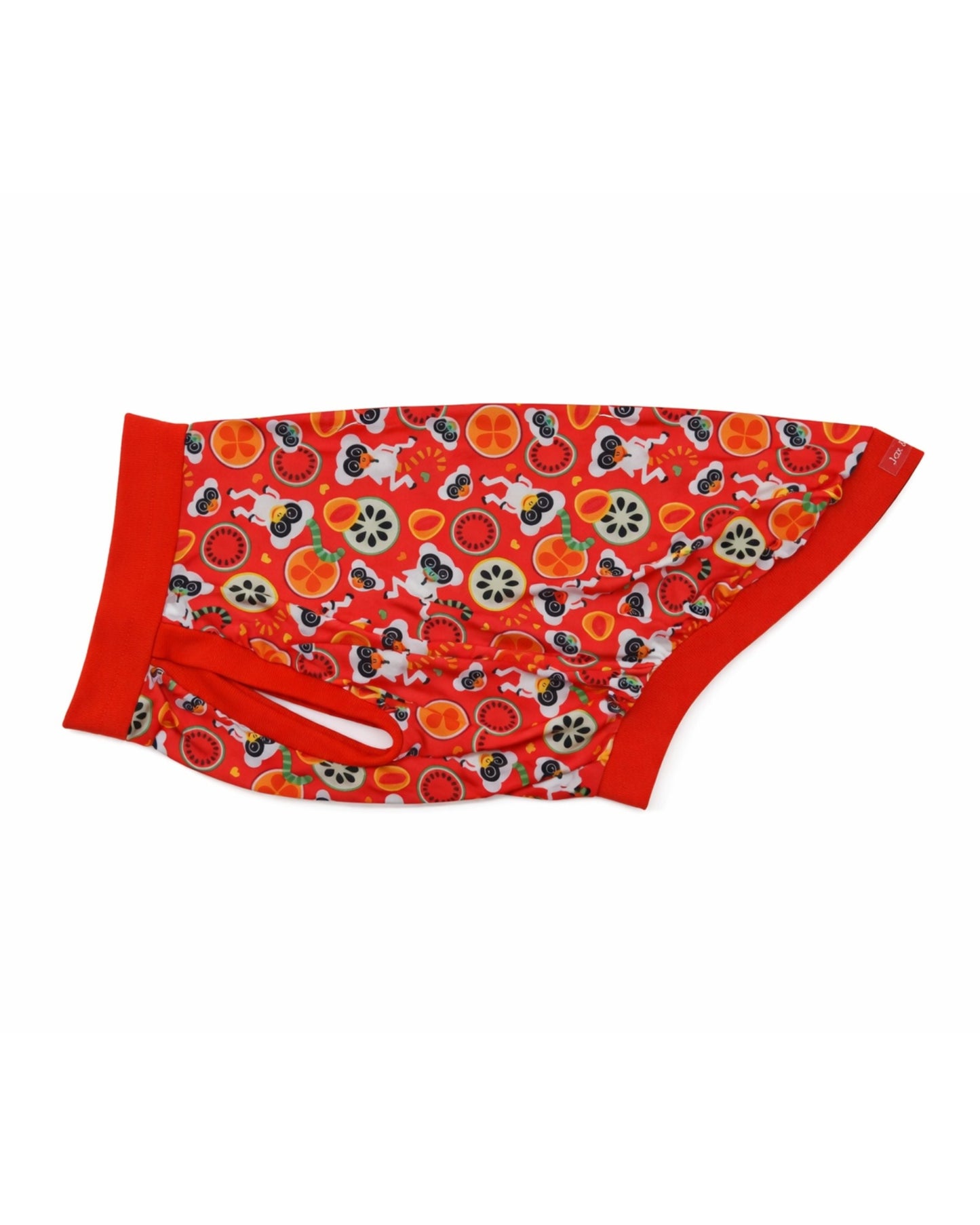 Fruity Lemurs dog pajamas with red trim, side view featuring vibrant fruity lemur pattern