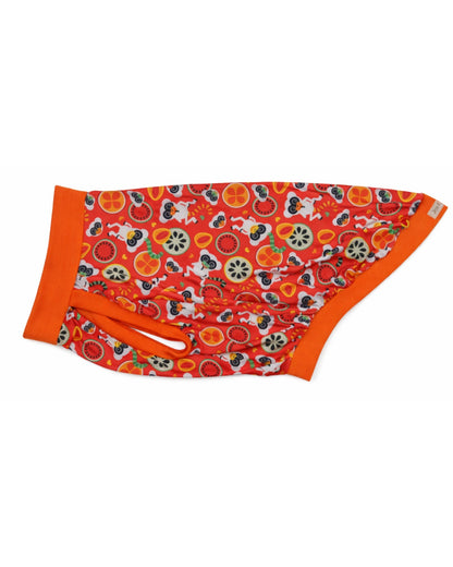 Fruity Lemurs dog pajamas with orange trim, side view showing playful fruit and lemur print