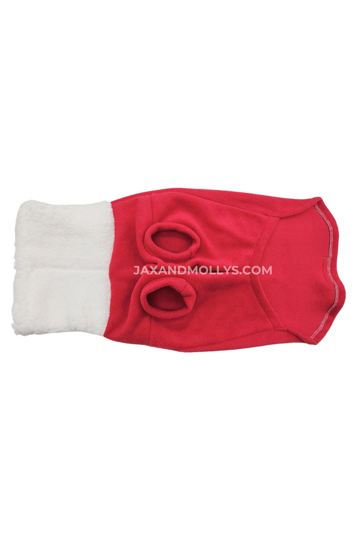 Underbelly view of a fuchsia fleece dog sweater with a faux sherpa turtleneck.