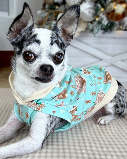 Small dog modeling gingerbread house dog hoodie — side view