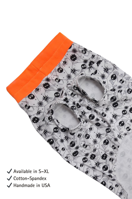 Halloween dog pajamas with glow in the dark spider print with orange neckline by Jax & Molly's