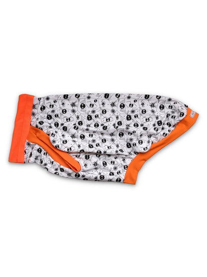 Side profile of a Halloween Dog Muscle Tank adorned with a glow-in-the-dark spider design, accented by vibrant orange trim around the neck, sleeves, and waistband on a white background.