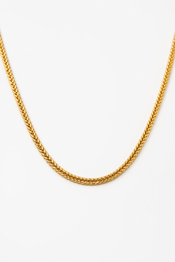 Gold Franco chain necklace displayed on a clean white background showing the full woven chain design