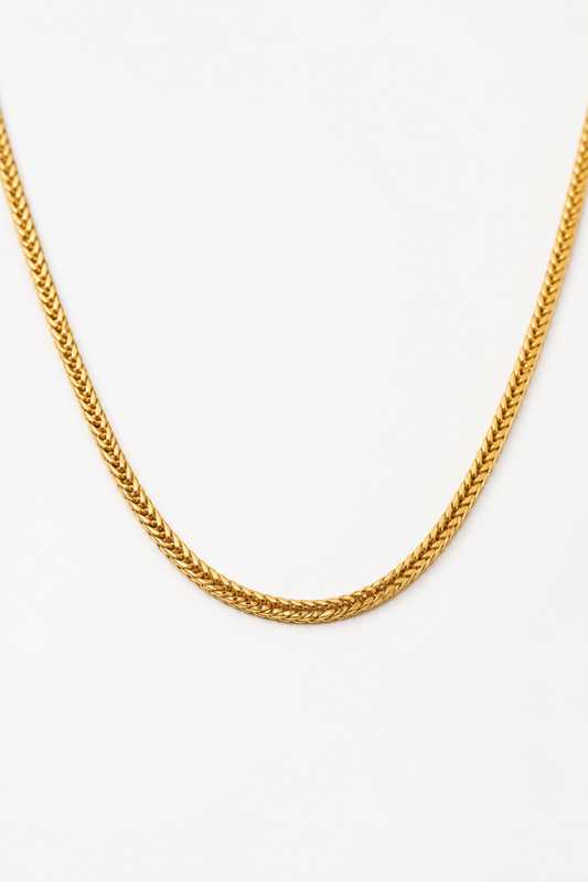 Gold Franco chain necklace displayed on a clean white background showing the full woven chain design