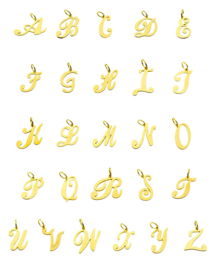 Gold Initial Dog Charm A–Z arranged on a flat display on white background