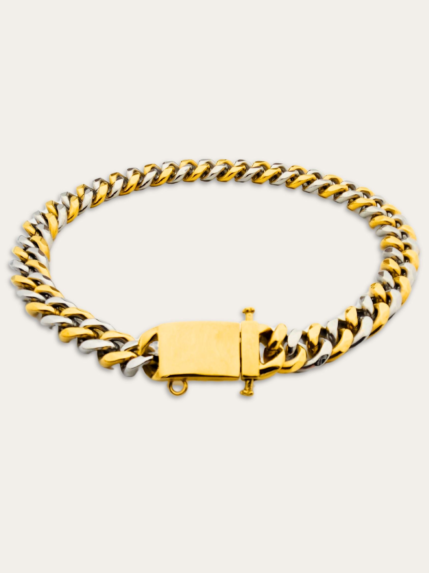 Front view of Jax & Molly's Two Tone, Gold & Silver Cuban Link Dog Necklace, with a sold gold buckle.