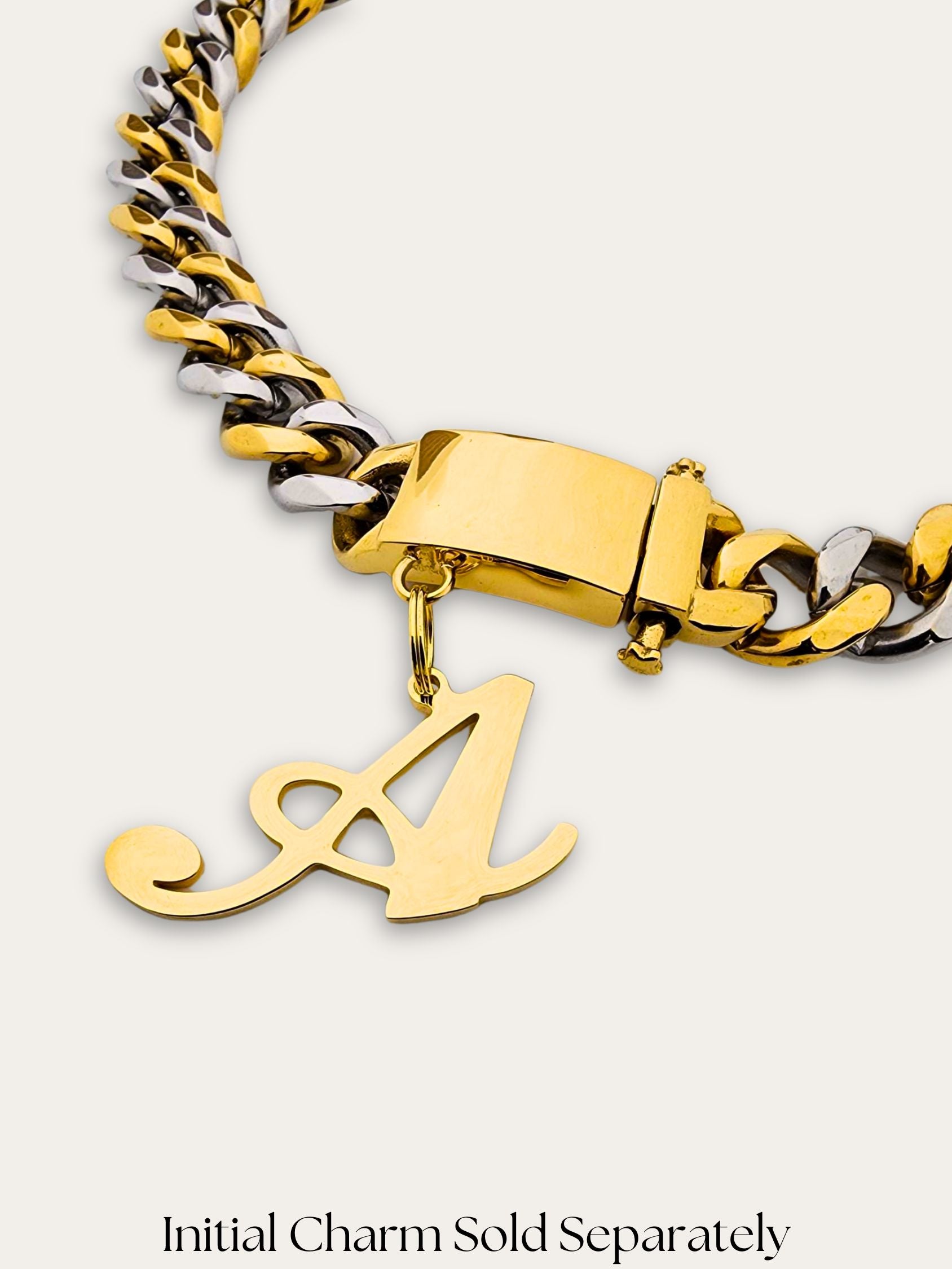 Jax & Molly's Two Tone, Gold & Silver Cuban Link Dog Necklace, with a sold gold buckle and an the initial A dog charm.