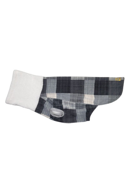 Side profile of Jax & Molly's fleece sweater showcasing a gray plaid pattern and a faux sherpa turtleneck.