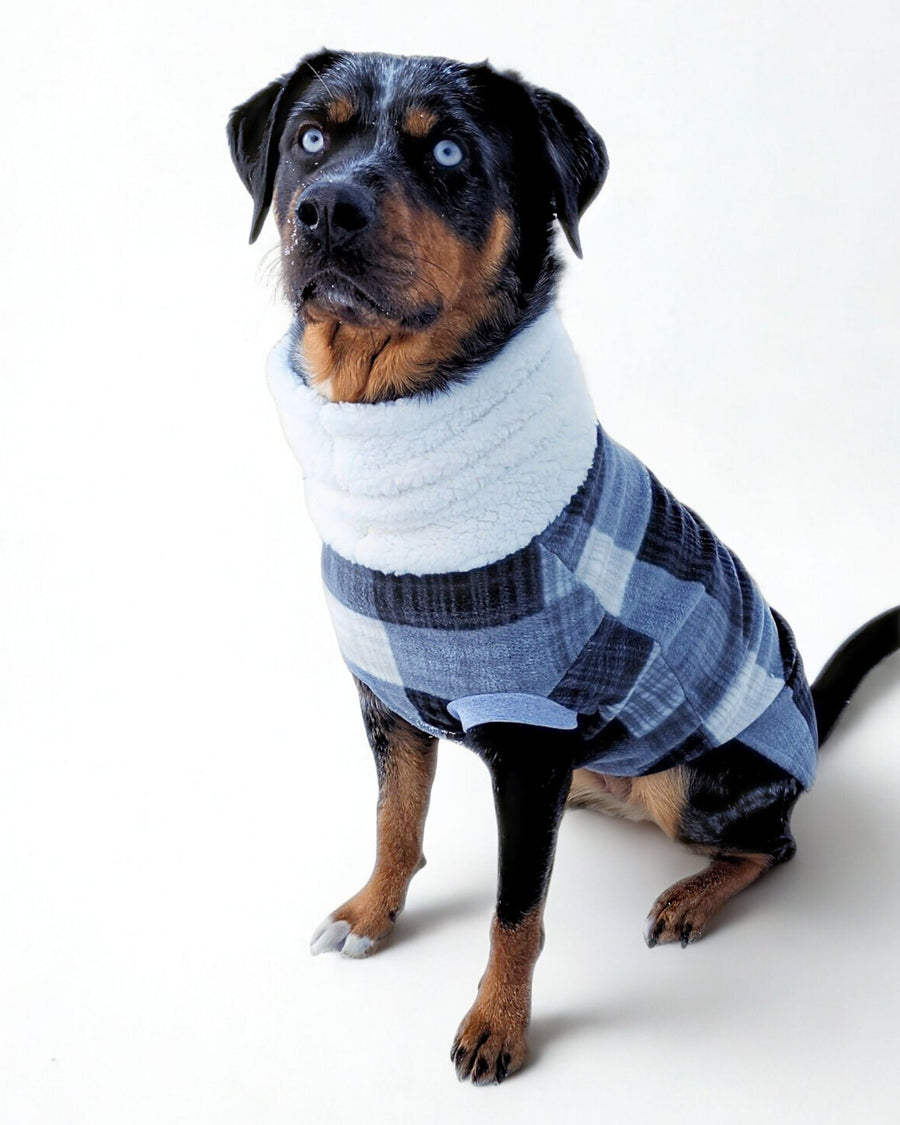 Gray & Black Plaid Fleece Dog Sweater with White Sherpa Turtleneck