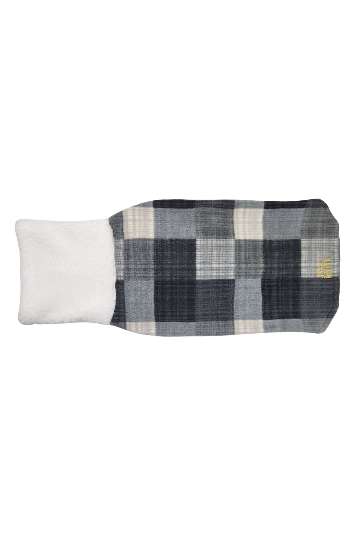 Back side view of Jax & Molly's fleece sweater showcasing a gray plaid pattern and a faux sherpa turtleneck.