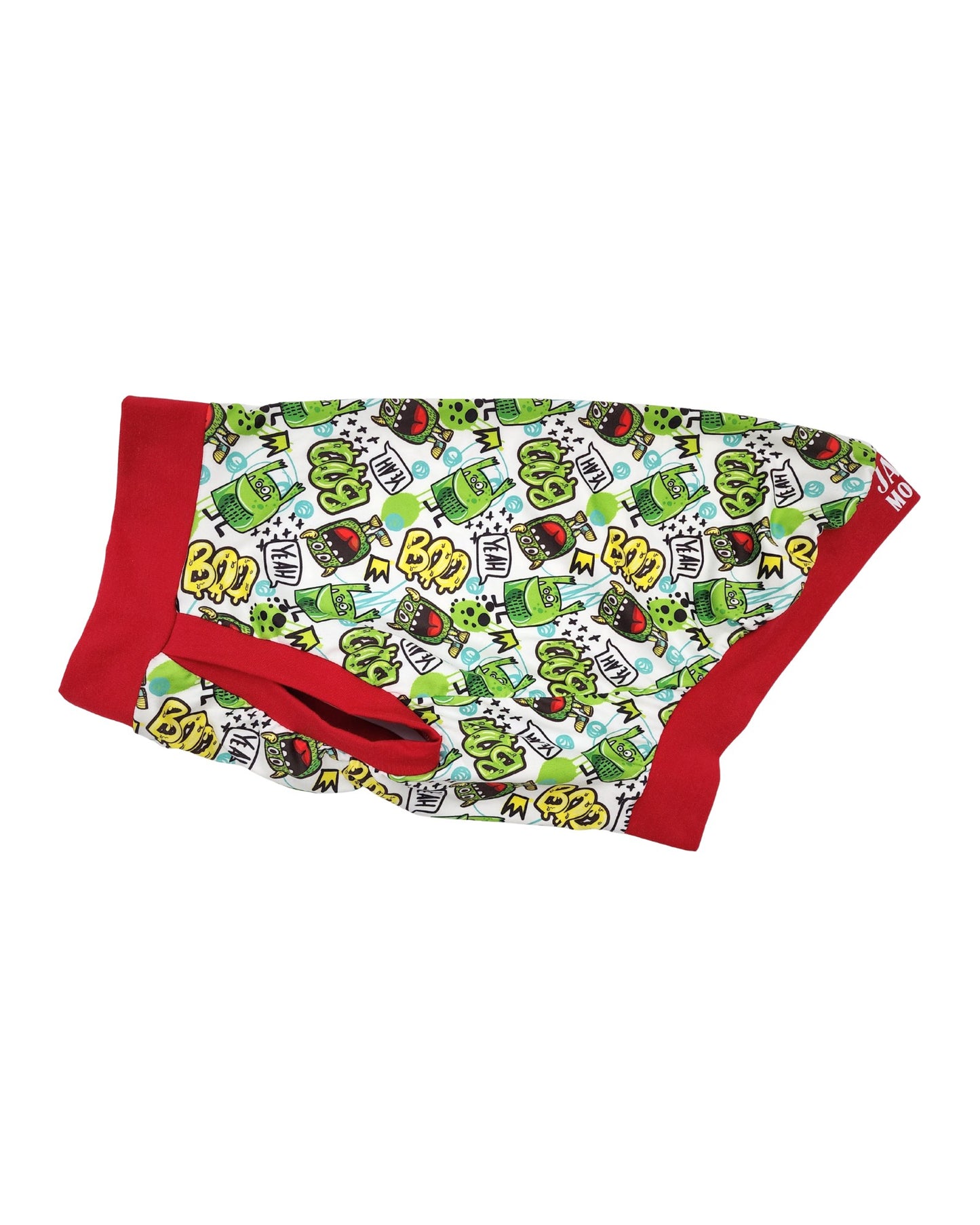 Green Graffiti Goblins dog pajamas with red trim, side view showing playful graffiti print