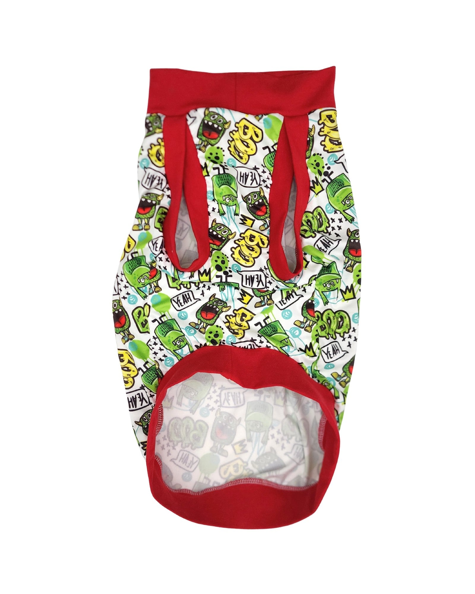 Green Graffiti Goblins dog pajamas front view with four-way stretch fabric and cotton spandex trim
