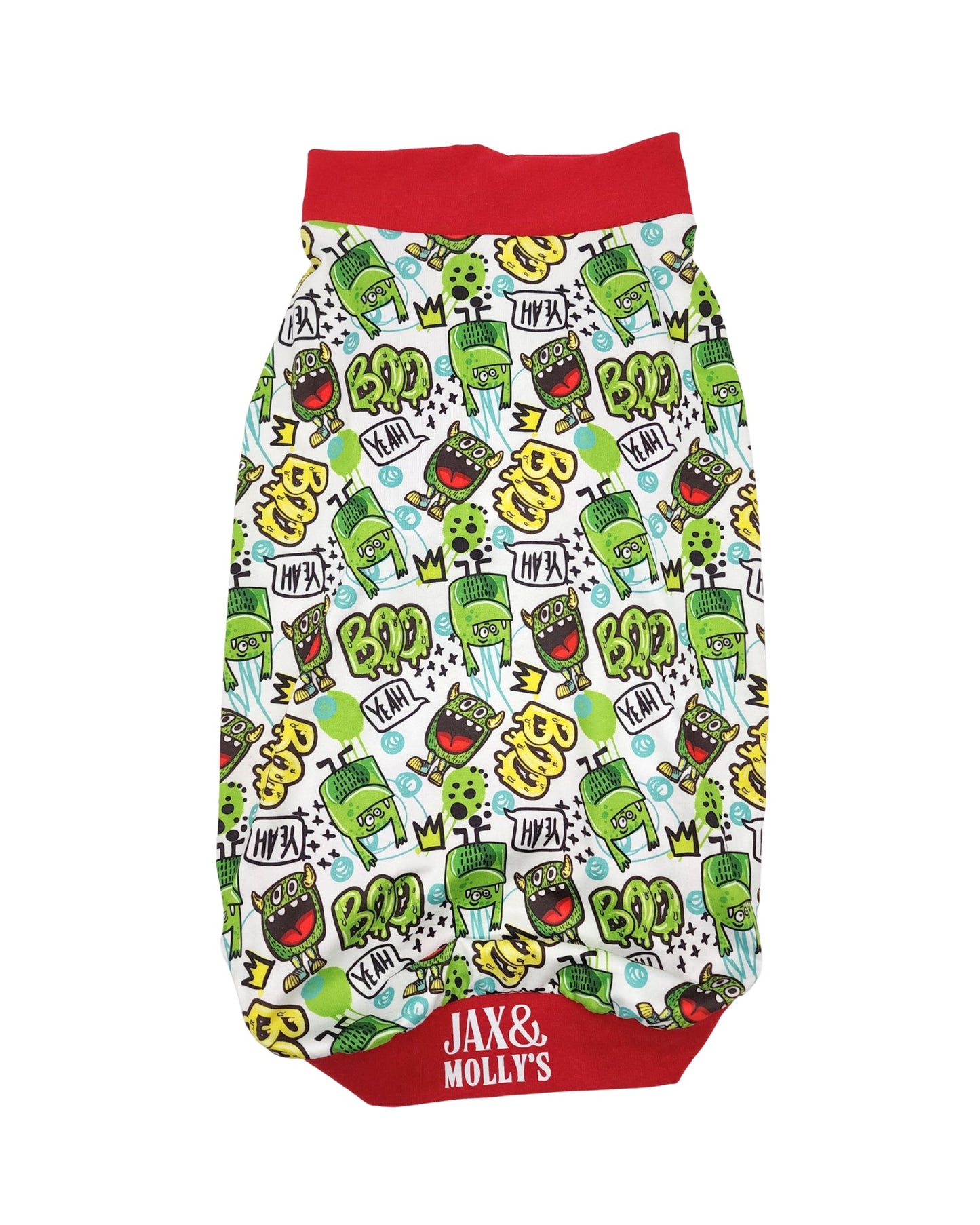 Green Graffiti Goblins dog pajamas back view featuring bold goblin graffiti pattern and pajama fit