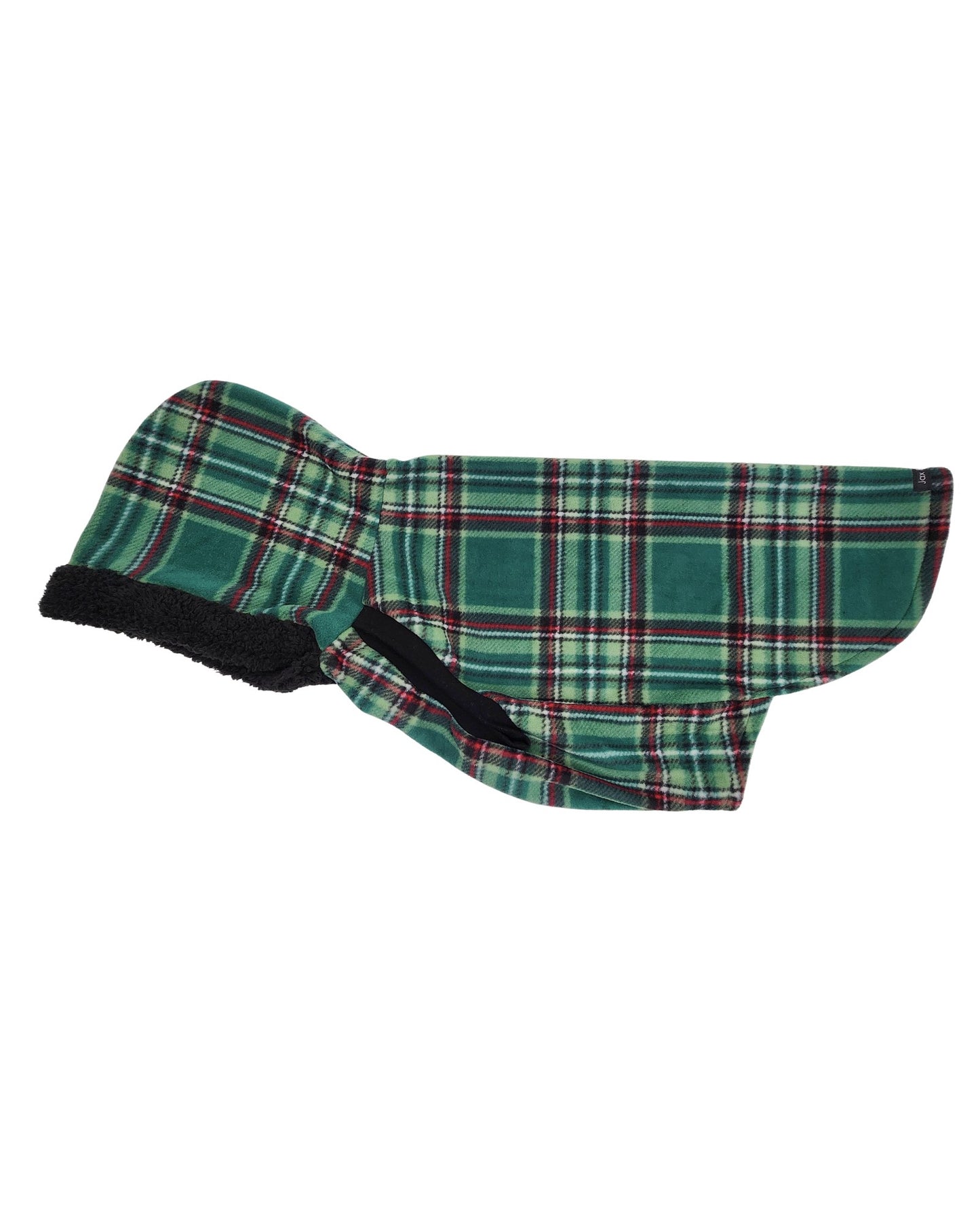 Green plaid fleece dog sweater – side view with hood