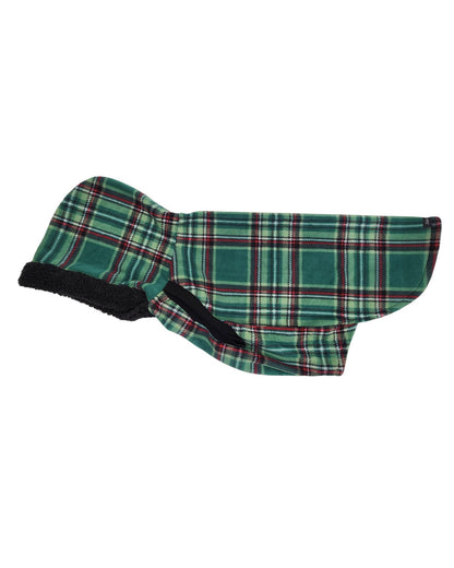 Green plaid fleece dog sweater – side view with hood