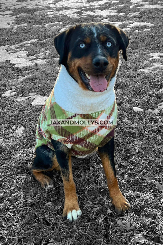 Green & Brown Plaid Dog Sweater – Fleece Pullover with Faux Sherpa Turtleneck