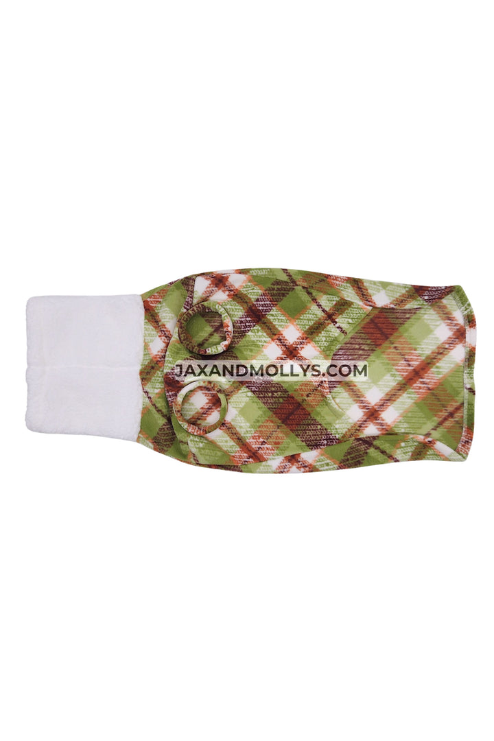 Green Plaid Dog Sweater with Faux Sherpa Turtleneck