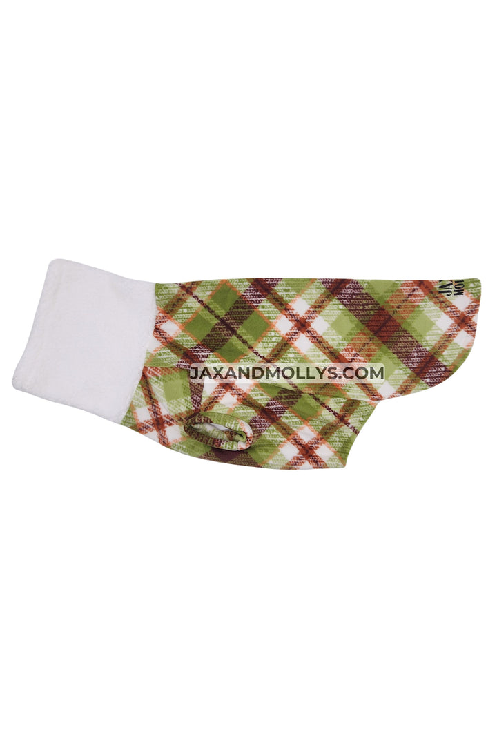 Green Plaid Dog Sweater with Faux Sherpa Turtleneck