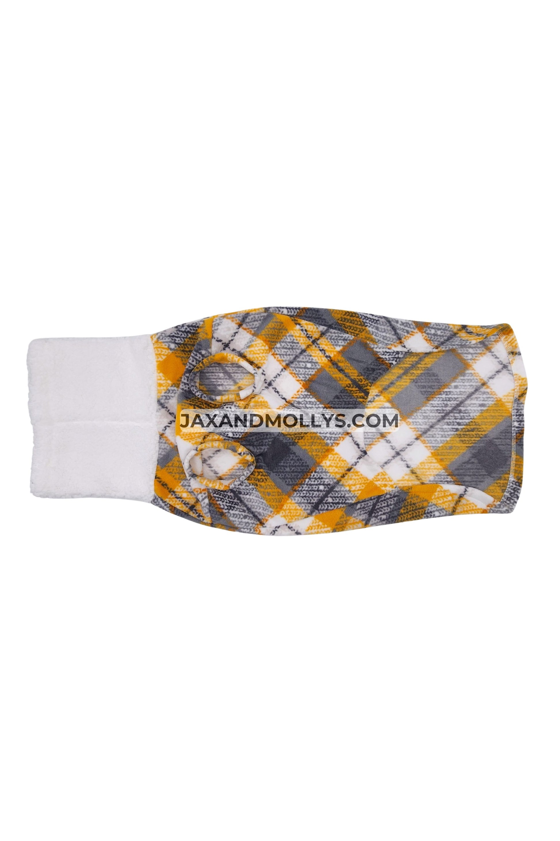 A plaid dog sweater in shades of gray, yellow, and white, featuring a faux sherpa turtleneck.