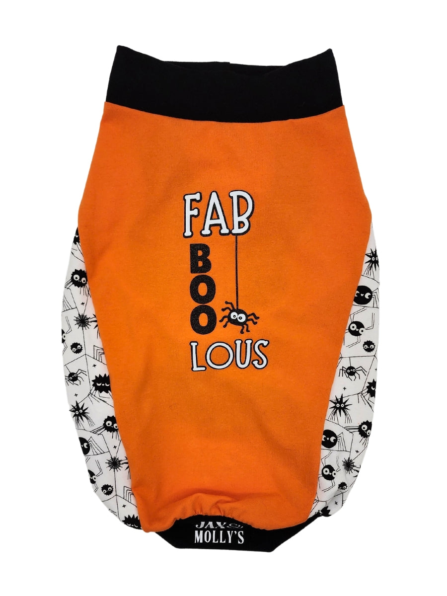 An orange Halloween-themed dog muscle tank with Fab-Boo-Lous written on the back of shirt with a glow-in-the-dark spider print underbelly, and black trim for the neck, sleeves, and waistband.