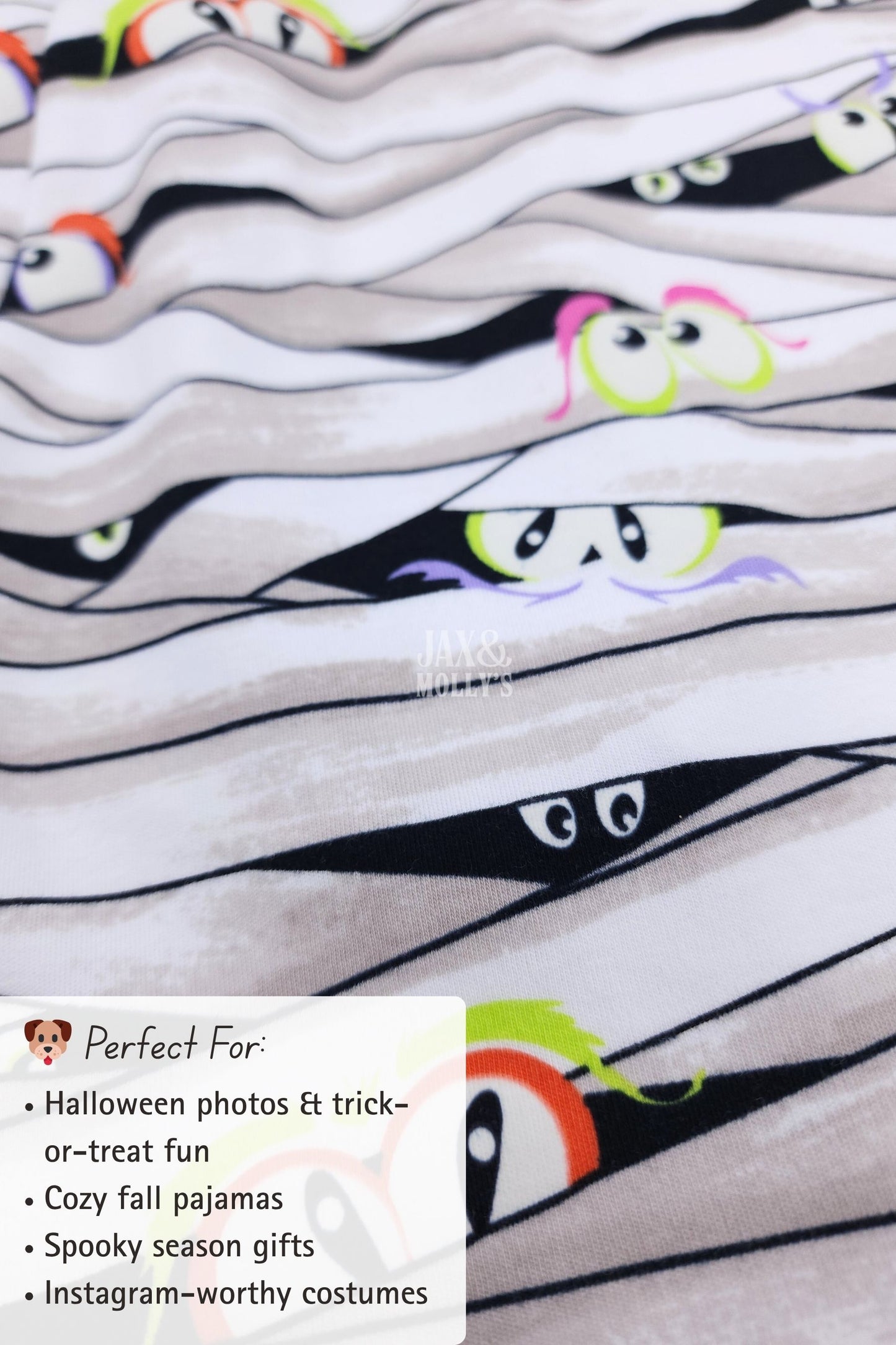 Patterned fabric with cartoonish mummy design and text about Halloween photo fun with dog